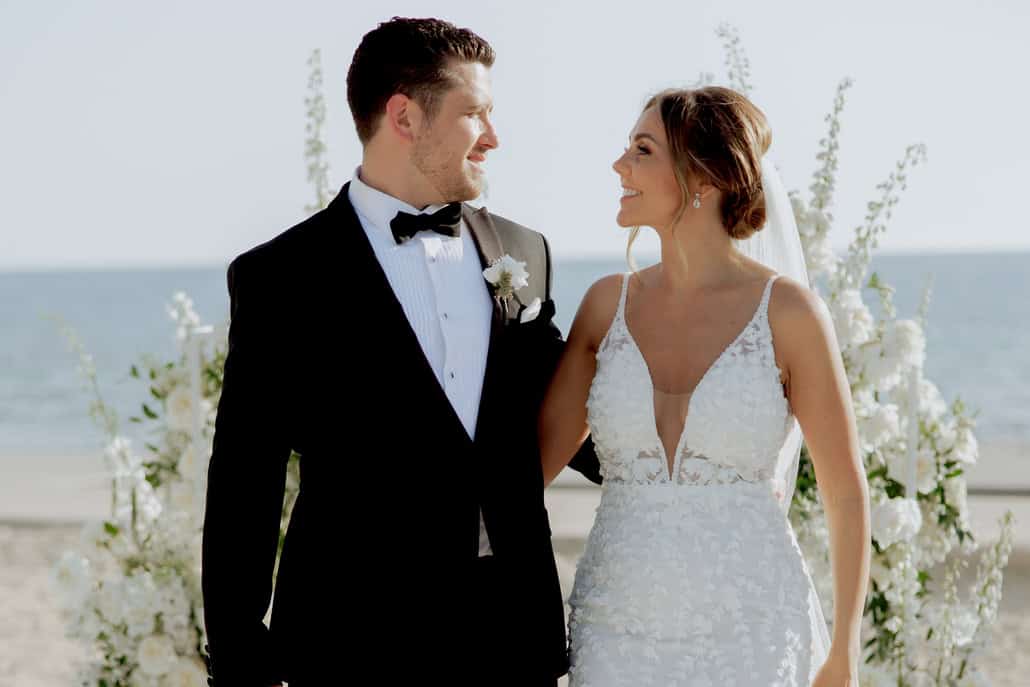 Classic timeless wedding by the sea with white blooms | Abigail & Gary