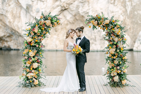 Elegant styled shoot on a lake in Greece with modern pops of color