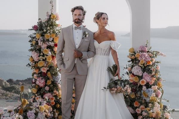 Lush floral wedding inspiration in Santorini: A botanical styled shoot with vibrant blooms